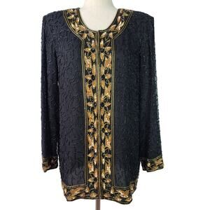 Ste'nay Black Bronze Gold Silk Beaded Sequin Bling Vintage Top Jacket Medium